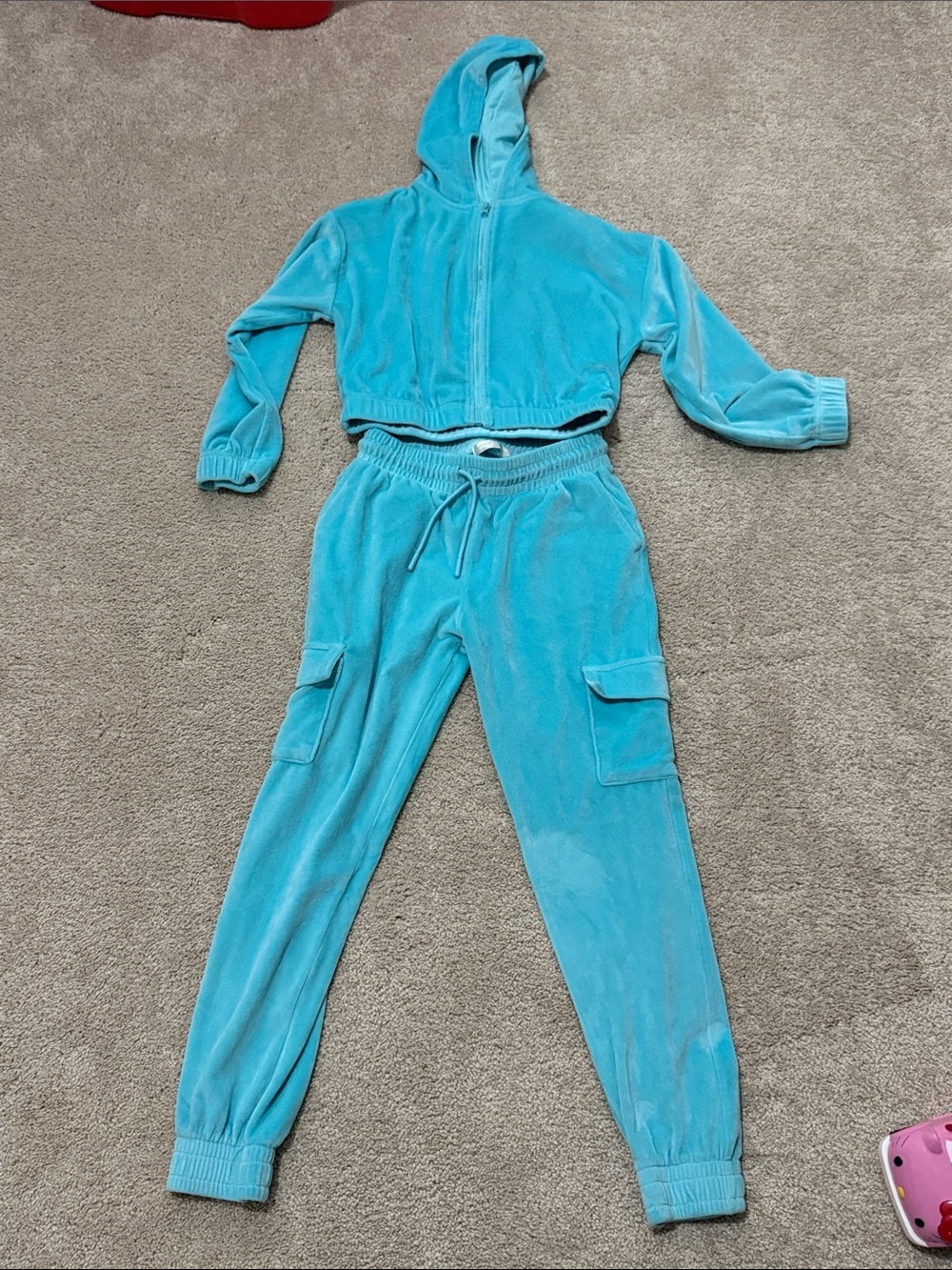Aqua Velour Hoodie & Cargo Jogger Set